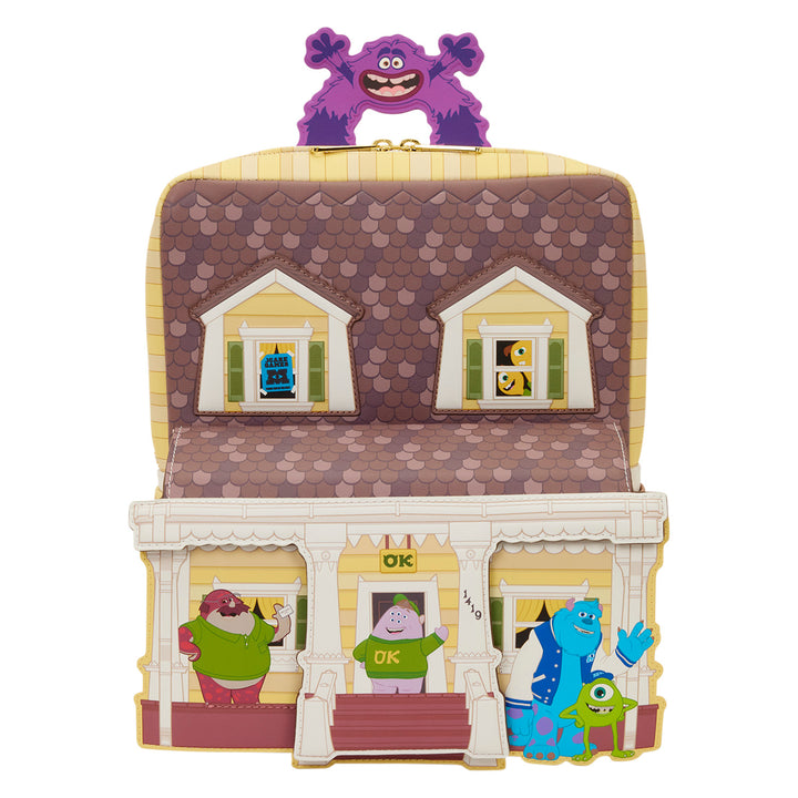 Toy house with character figures on a white background