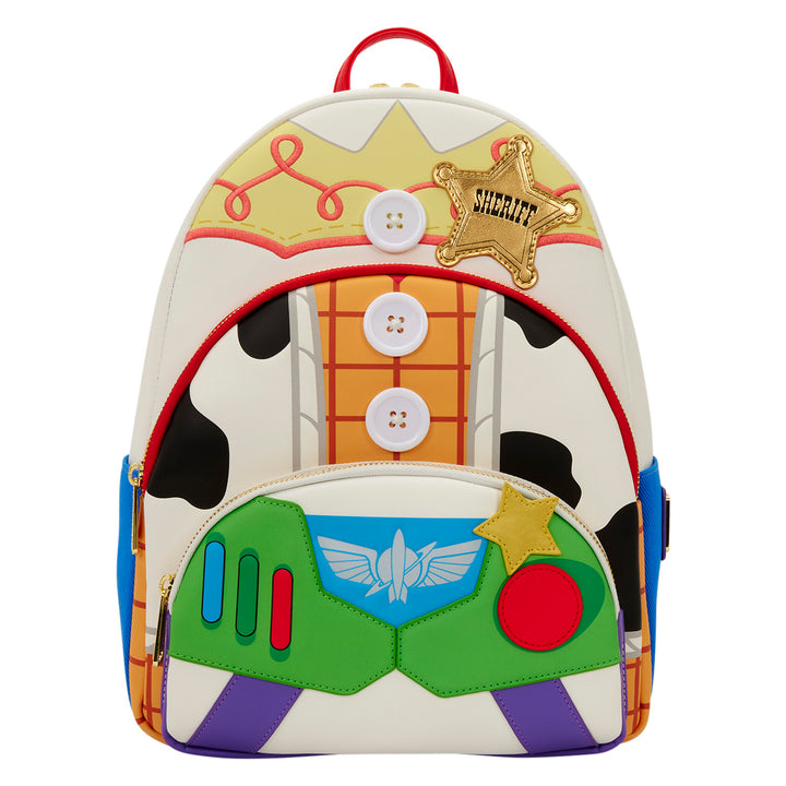 Backpack designed like a character from Toy Story with a sheriff star and colorful design.