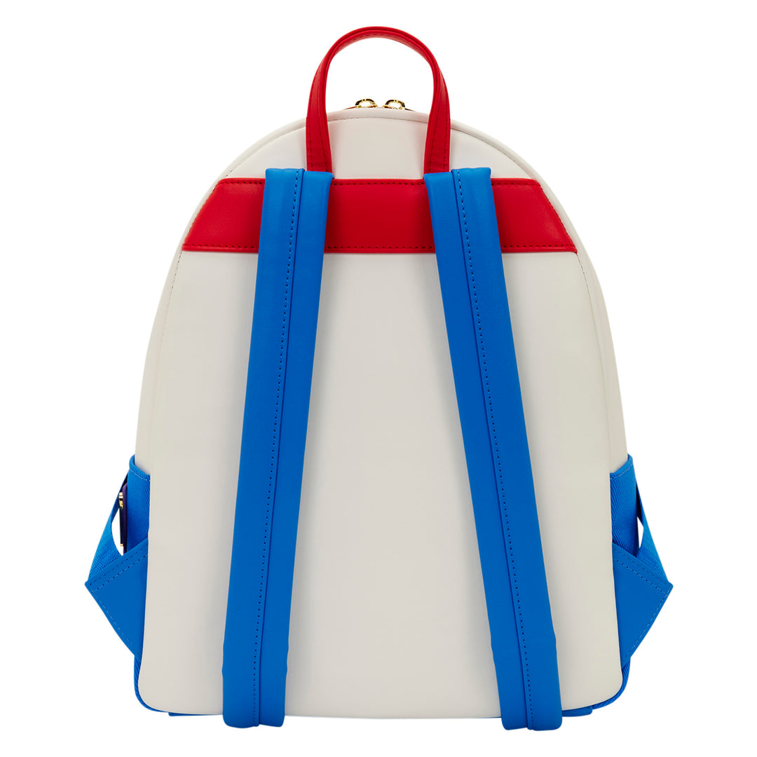 Backpack with red top section and blue straps on a white background
