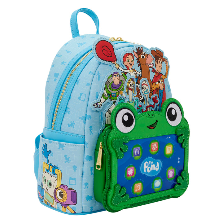 backpack with cartoon character design on a light blue background