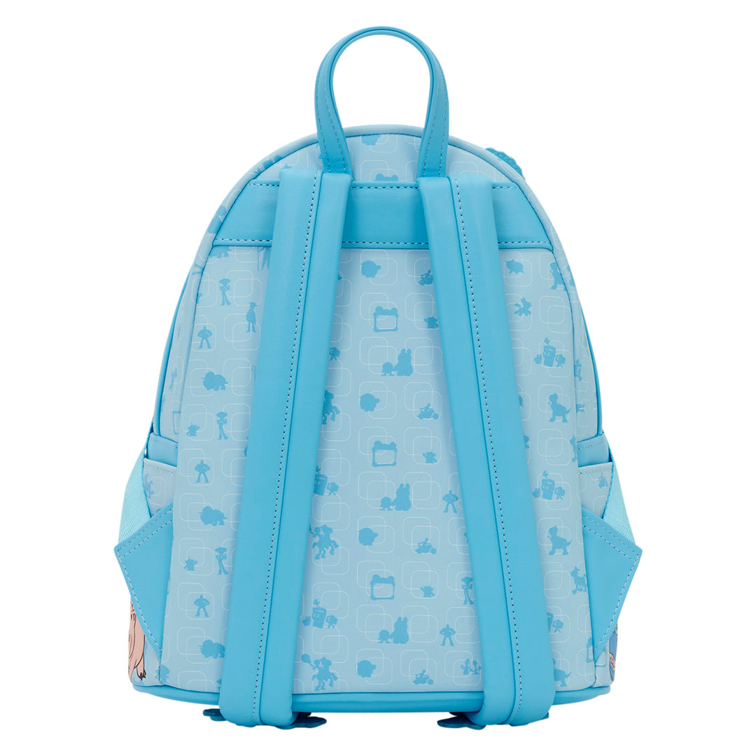 Light blue backpack with subtle pattern on a white background