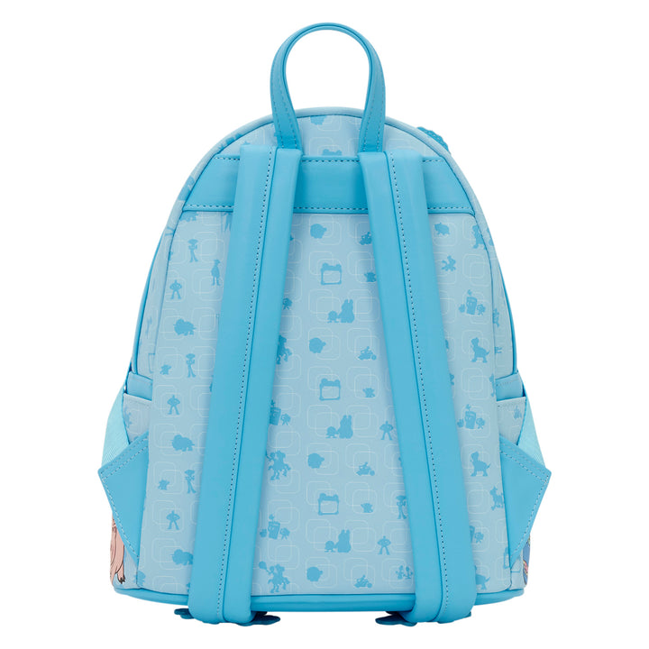 Light blue backpack with subtle pattern on a white background