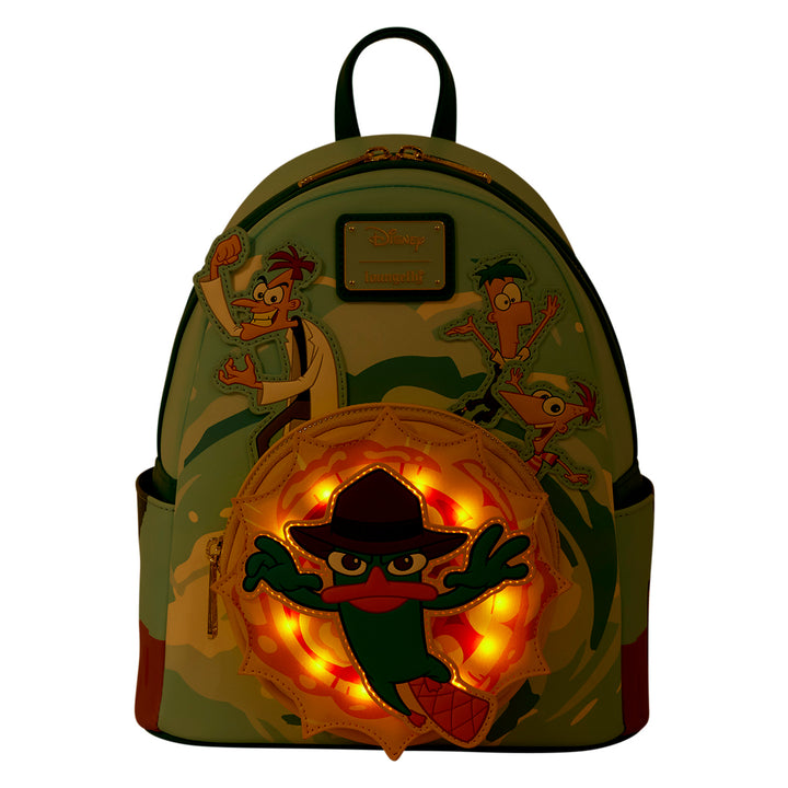 Backpack with cartoon character design and glowing emblem on a white background