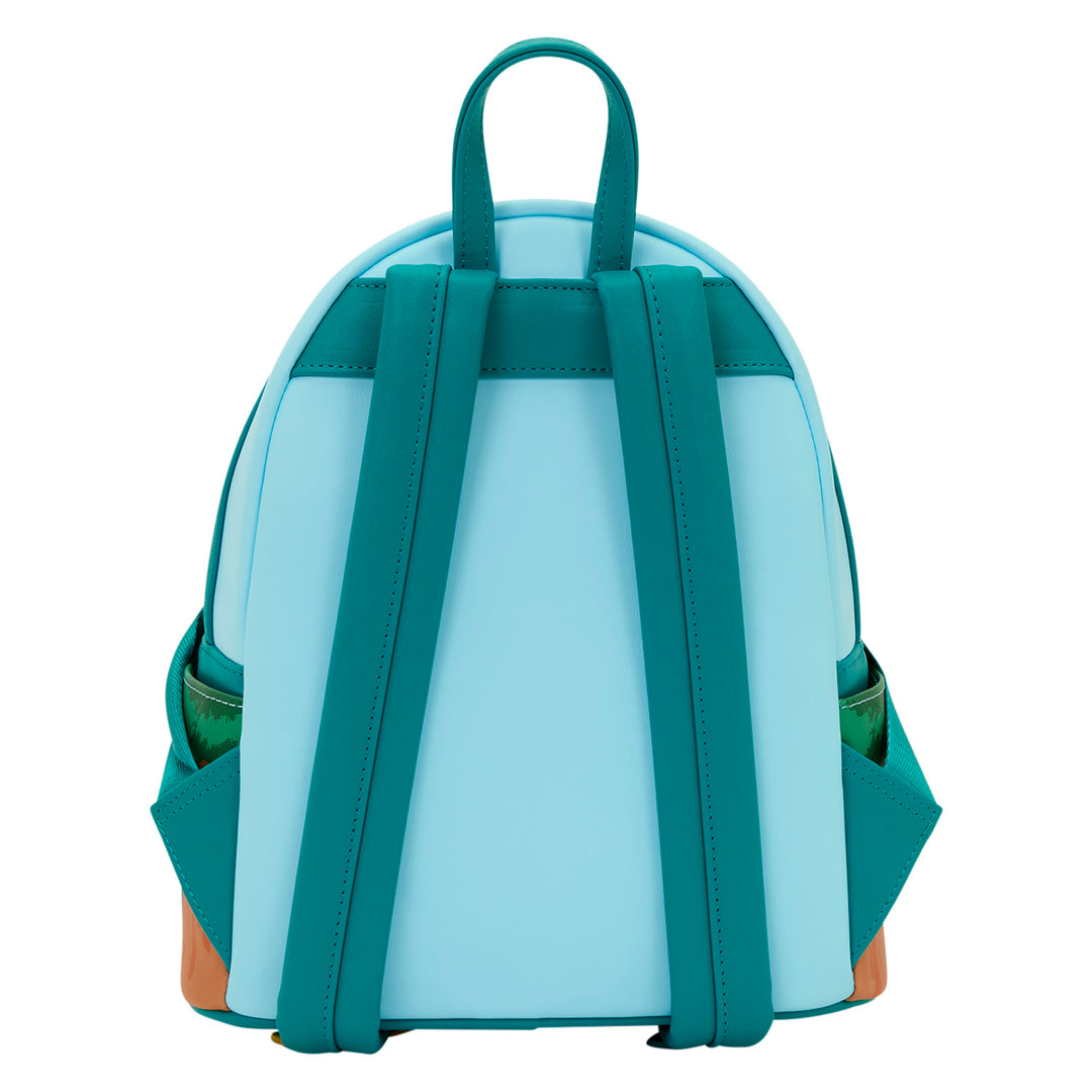 Light blue backpack with teal straps on a white background