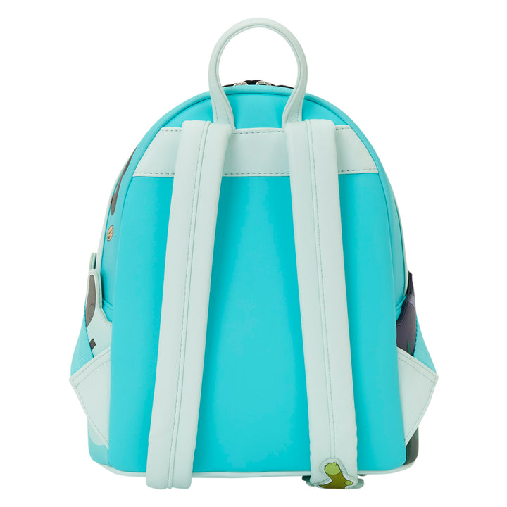 Light blue backpack with white straps on a white background
