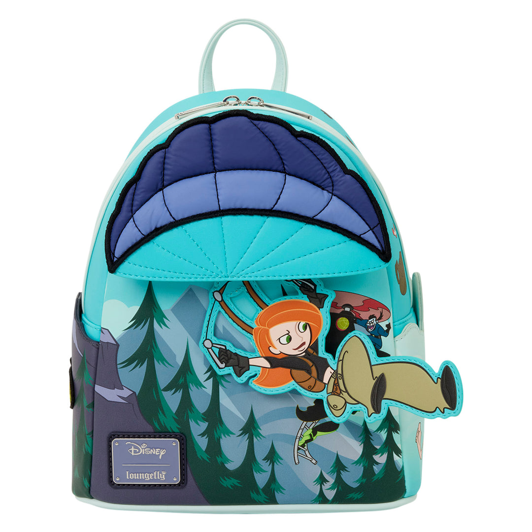 Backpack with animated design featuring a character and a dog in a forest setting, with a Disney Loungefly label.