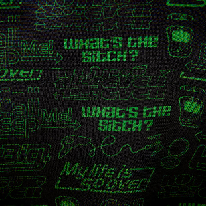 Text pattern with phrases like 'What's the Stitch?' and 'My life is so over!' on a dark background.