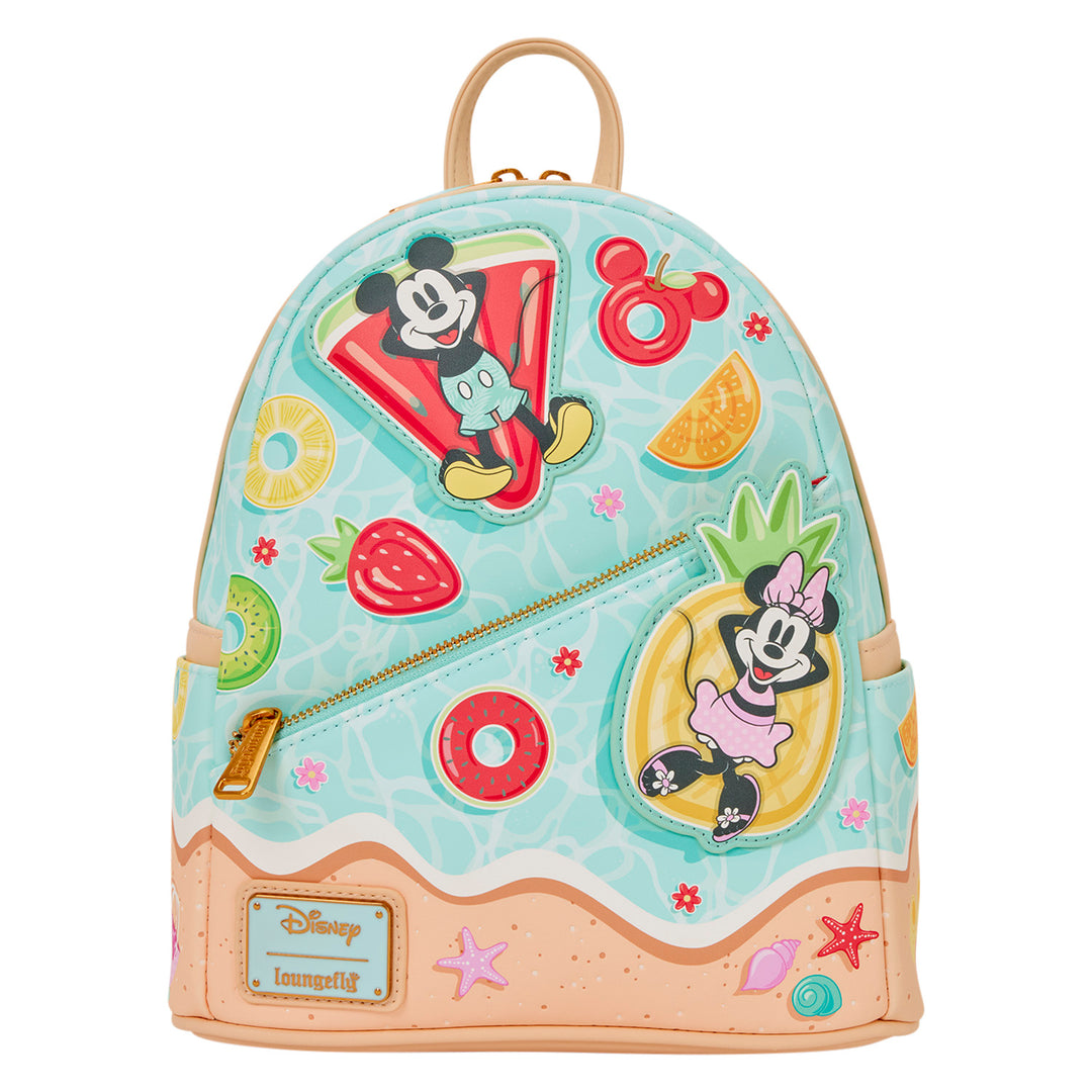 Backpack with cartoon characters and fruit designs on a white background