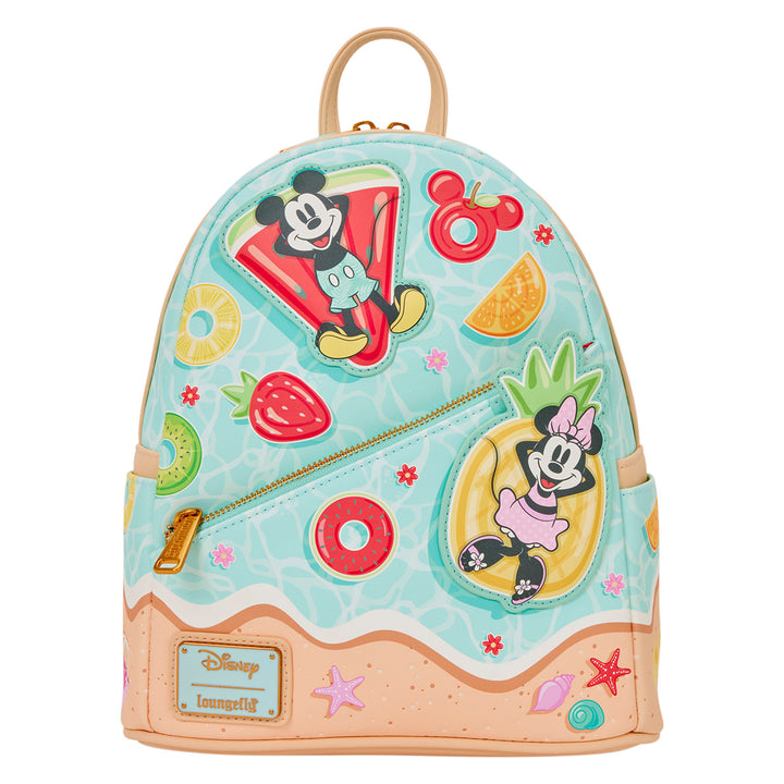 Backpack with cartoon characters and fruit designs on a white background