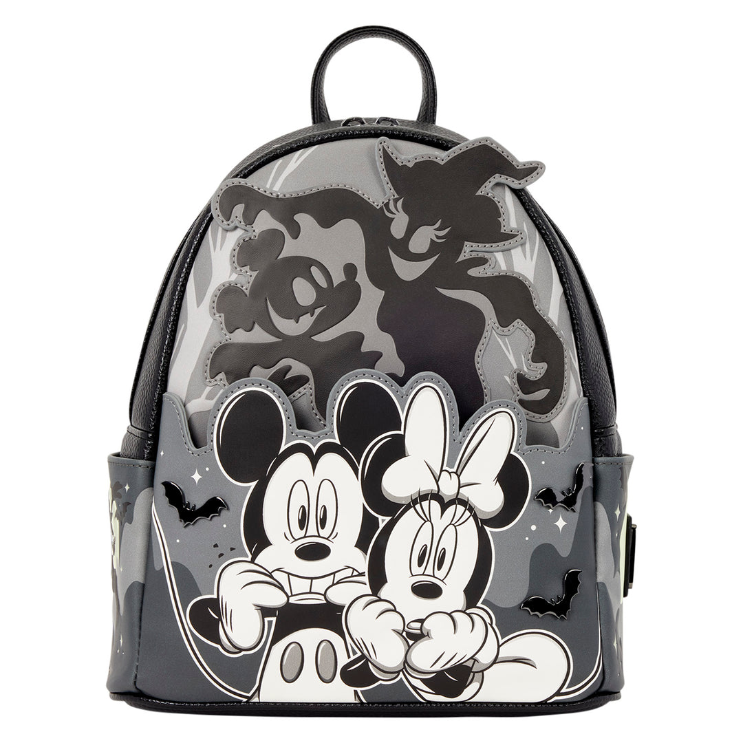 A Disney Minnie Mouse and Mickey Mouse backpack with a gray and black camouflage pattern, featuring black-and-white cartoon characters and spooky silhouettes on a white background.