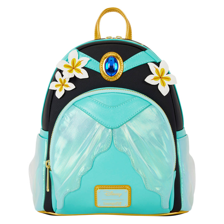 A Disney Princess Jasmine-themed mini backpack in light blue and black, featuring white plumeria flowers with yellow centers, a blue gem emblem, and gold trim on a white background.