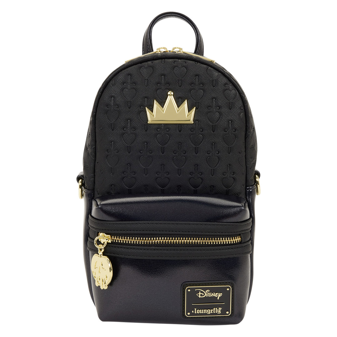 Black backpack with gold crown design and Disney logo on a white background