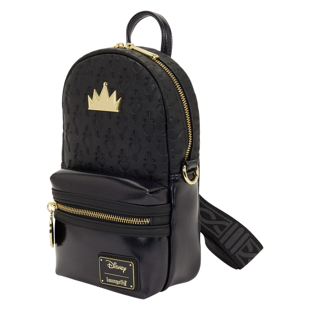 Black backpack with gold accents and a crown emblem on a white background
