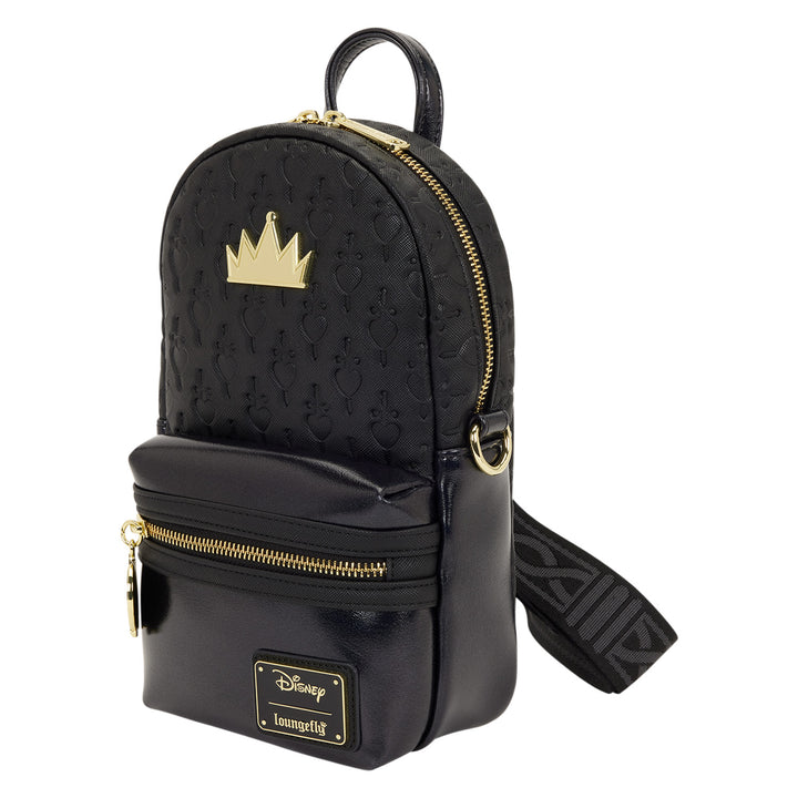 Black backpack with gold accents and a crown emblem on a white background