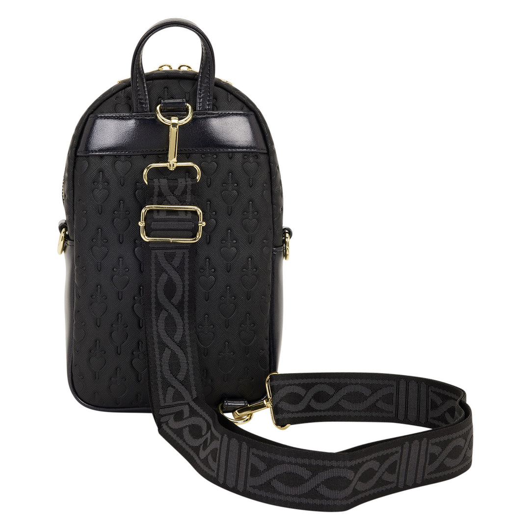 Black backpack with gold accents and a matching strap on a white background
