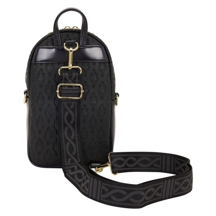 Black backpack with gold accents and a matching strap on a white background