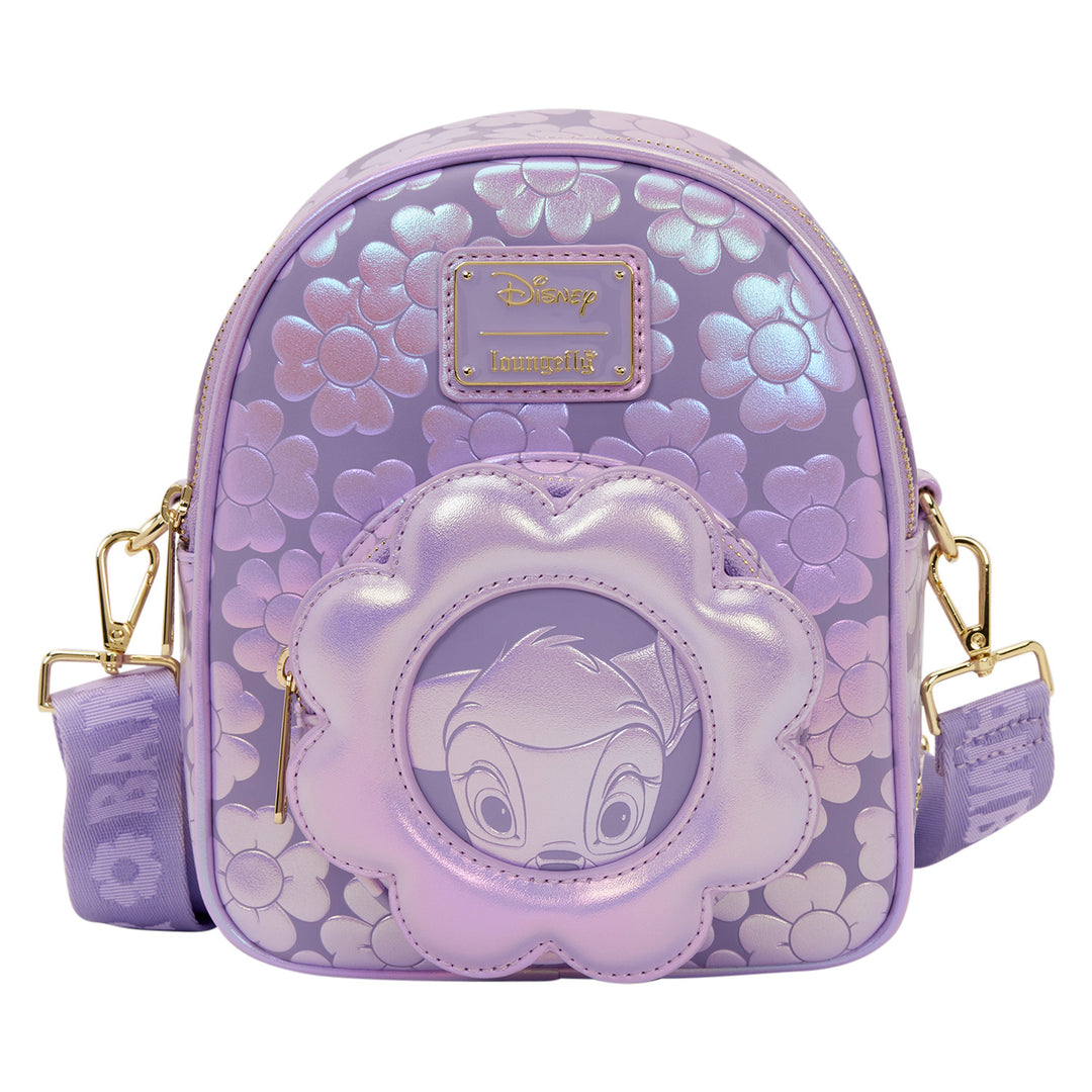 Lavender backpack with floral pattern and Disney character face on a white background