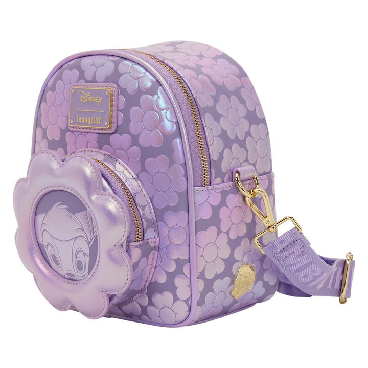 Purple floral-patterned backpack with character face on a white background