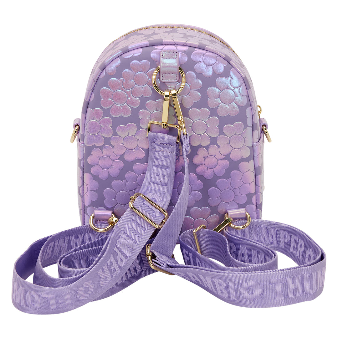 Purple floral patterned bag with matching strap on a white background