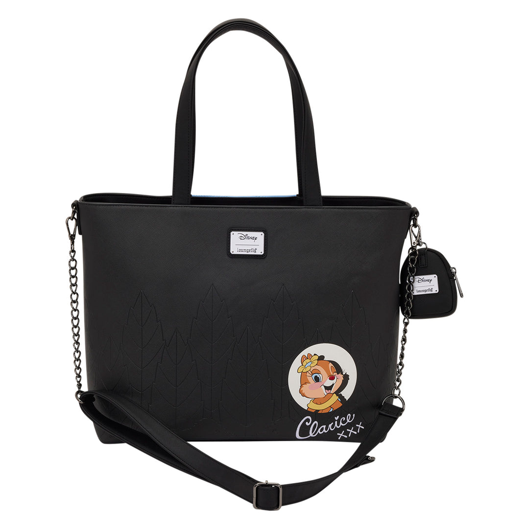 Black tote bag with character design and chain detail on a white background