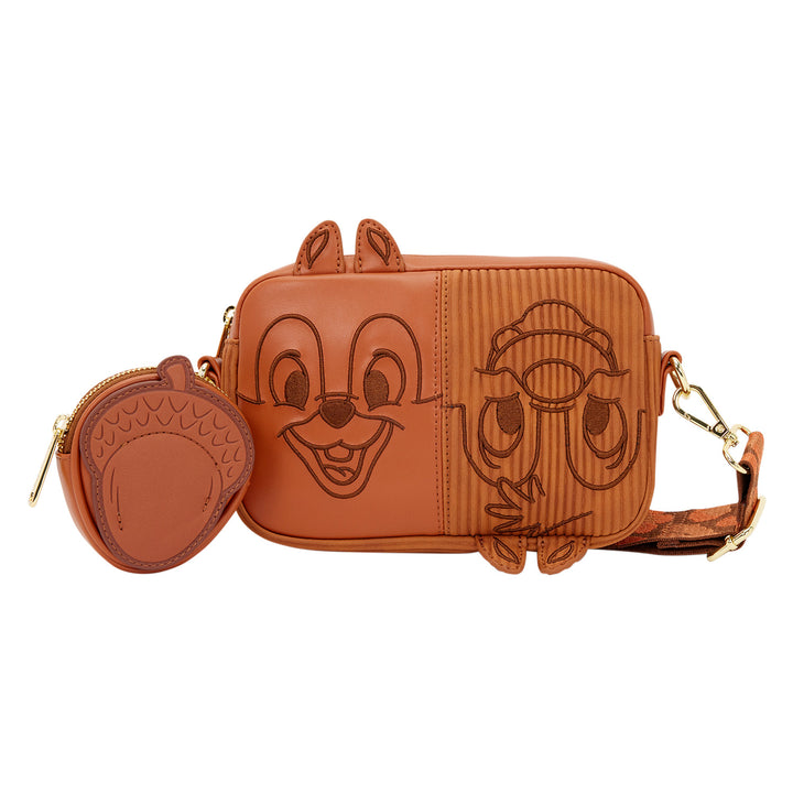 Brown leather bag with cartoon character design on a white background