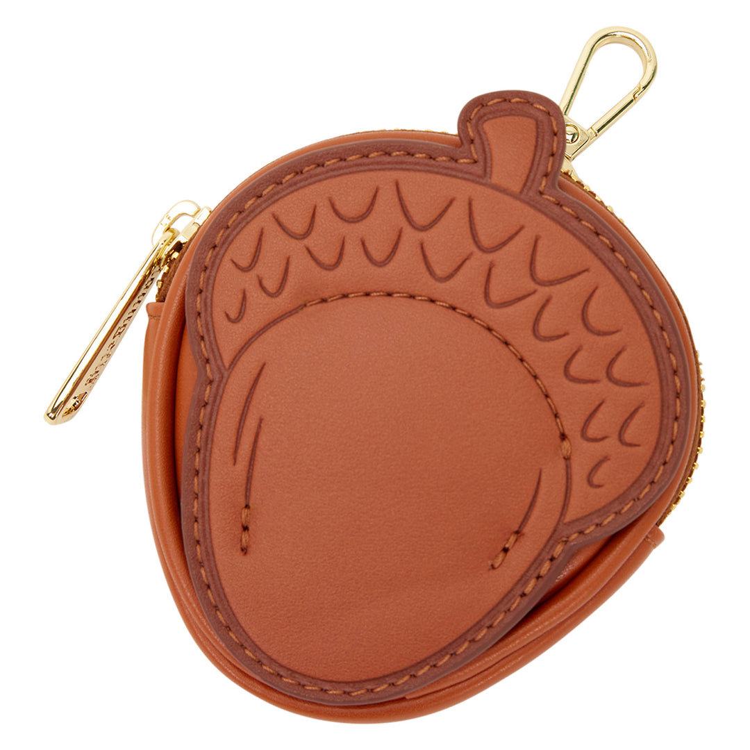 Brown leather coin purse with gold zipper on a white background