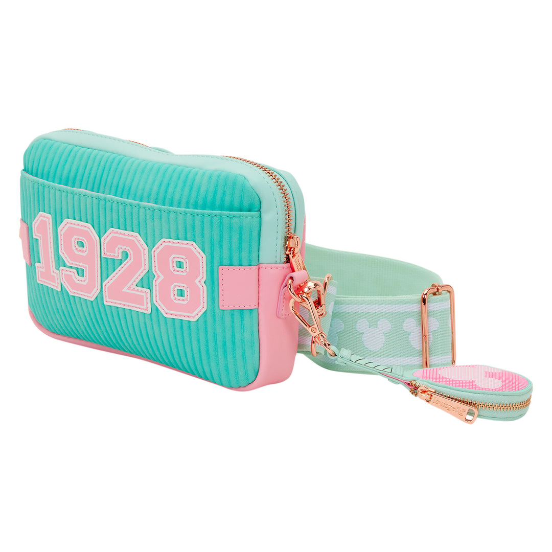 Mint green and pink pouch with '1928' text on a white background