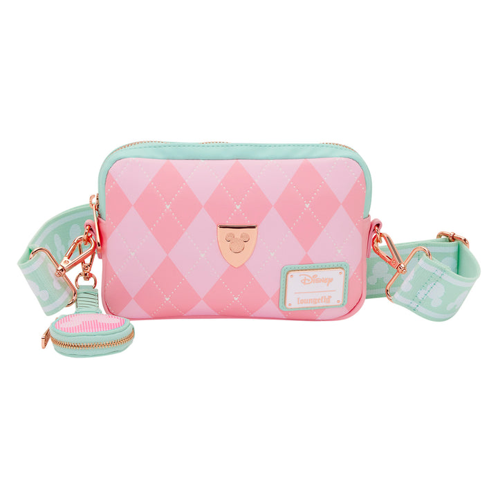 Pink and green argyle patterned bag with matching pouch on a white background
