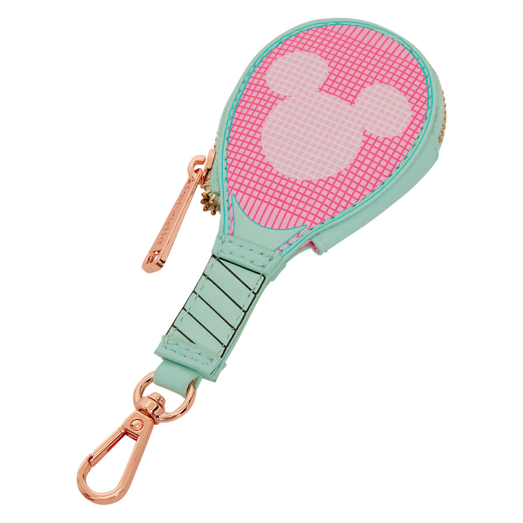Keychain designed like a tennis racket with a pink and white checkered head and green handle on a white background.