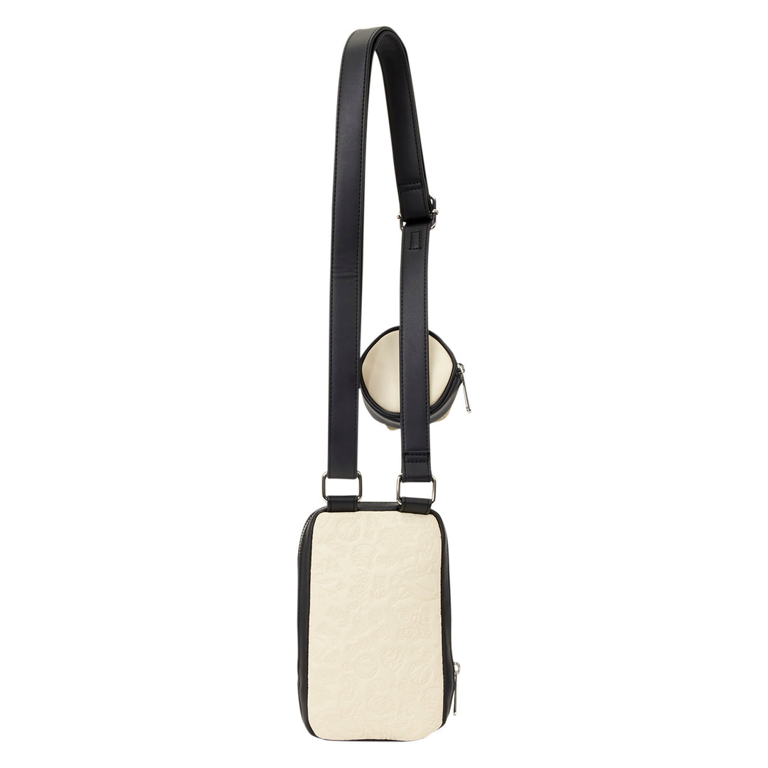 Small cream-colored crossbody bag with a black strap on a white background