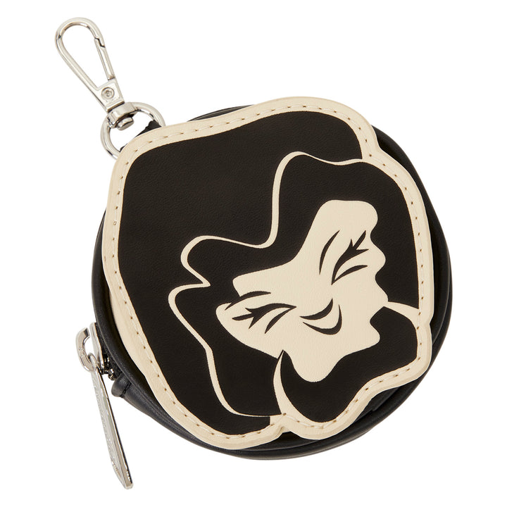 Round black coin purse with white floral design on a white background