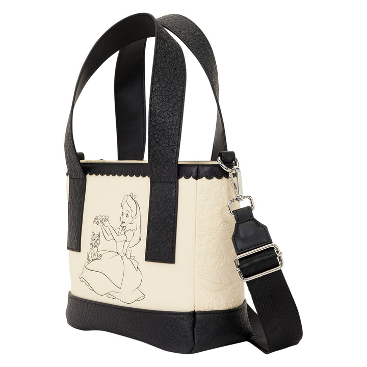 Handbag with a design of a character holding a flower and a cat on a white background
