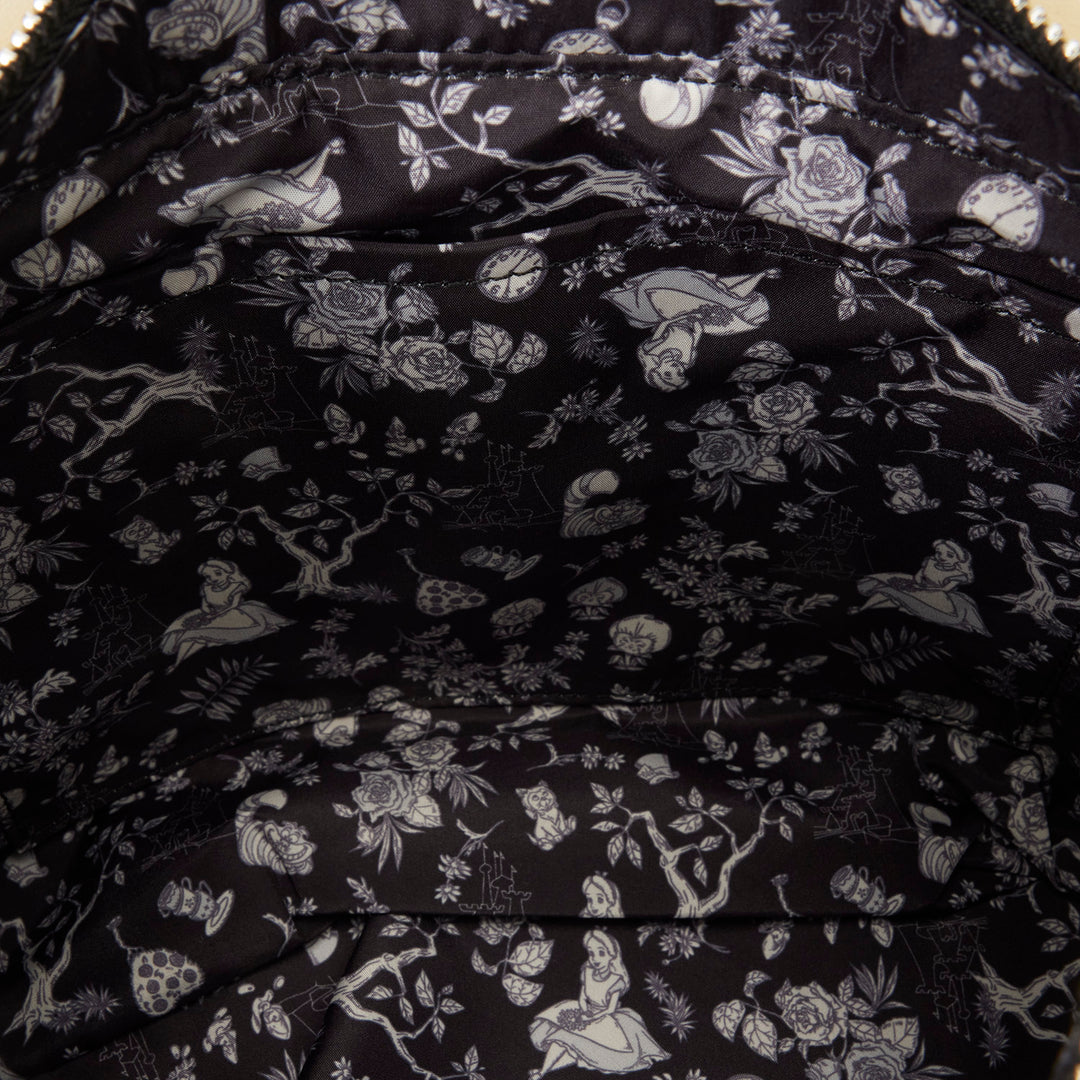 Black fabric with white floral and animal pattern