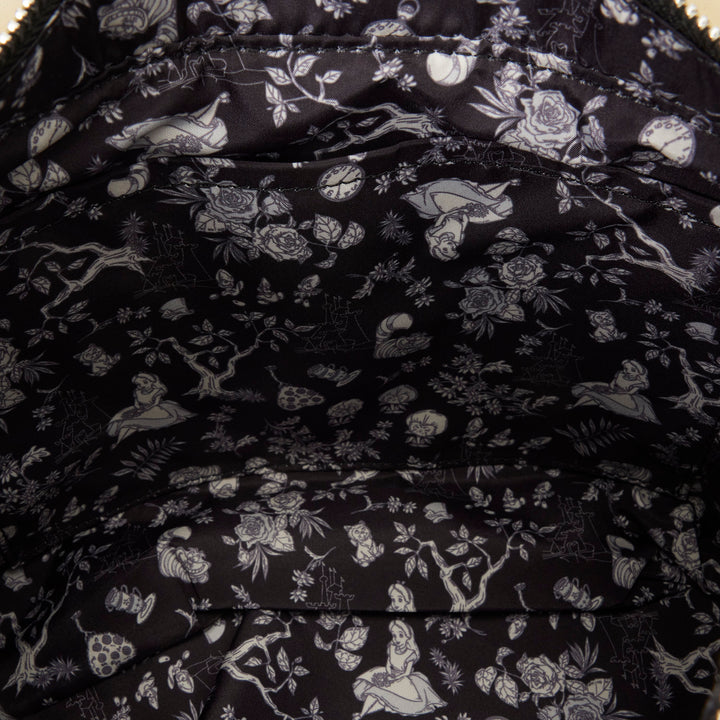 Black fabric with white floral and animal pattern