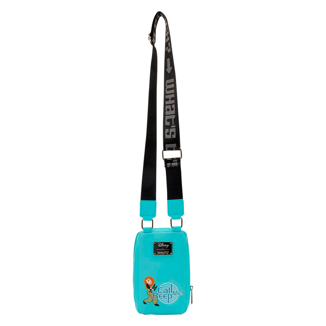 Teal pouch with a strap featuring a character and text on a white background