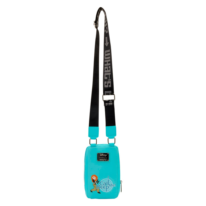 Teal pouch with a strap featuring a character and text on a white background