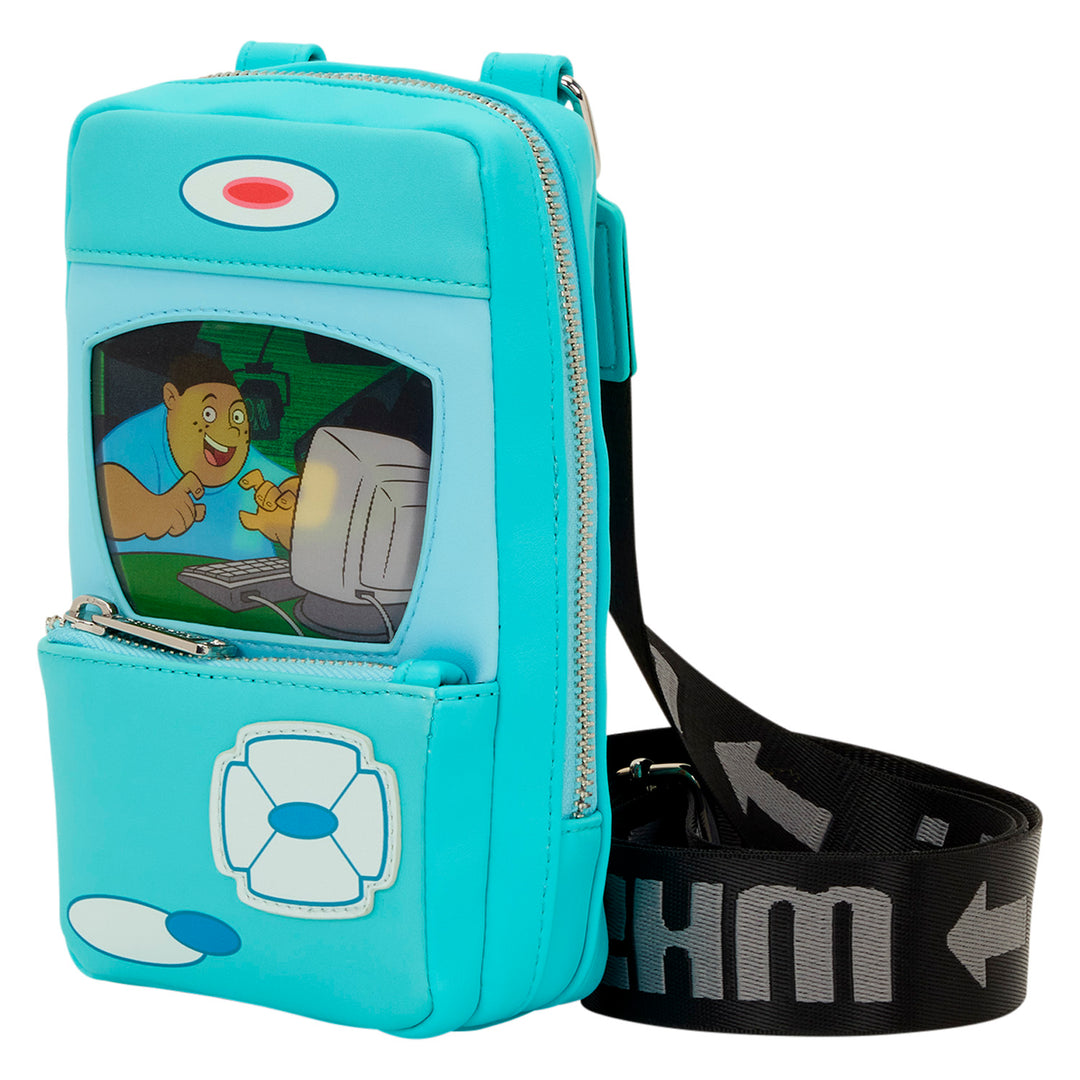 Light blue pouch with cartoon character design and black strap on a white background