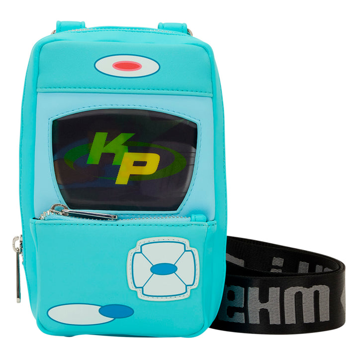Light blue pouch with a screen displaying 'KP' and a strap on a white background