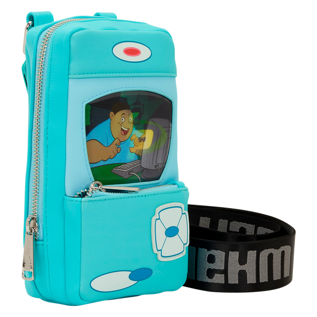 Turquoise pouch with cartoon character and strap on a white background