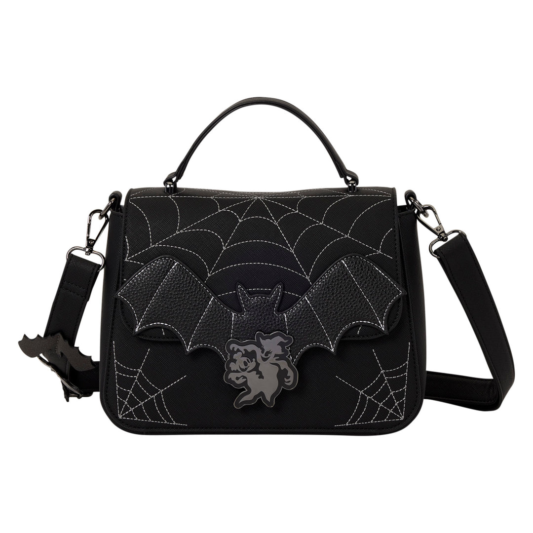 Black gothic handbag featuring a bat and spiderweb design with white contrast stitching, a silver bat charm on the front, and a detachable shoulder strap, shown on a plain white background.
