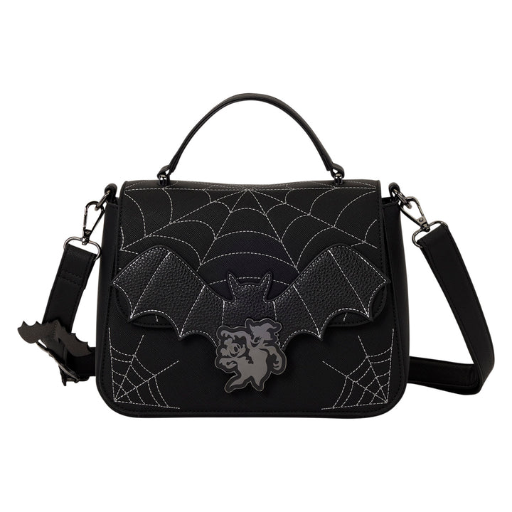 Black gothic handbag featuring a bat and spiderweb design with white contrast stitching, a silver bat charm on the front, and a detachable shoulder strap, shown on a plain white background.