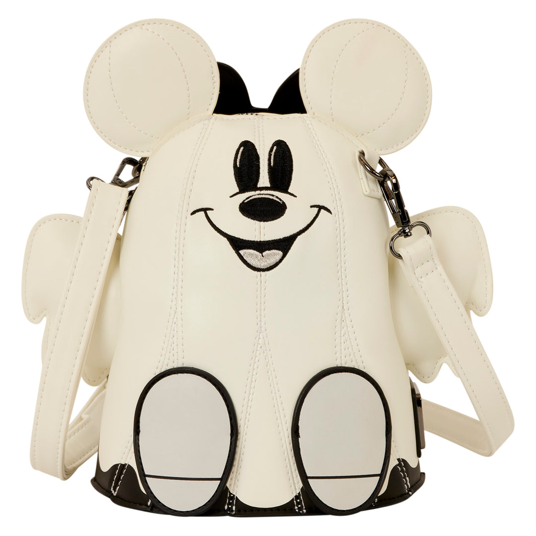 An off-white faux leather crossbody bag shaped like a cartoon mouse character, featuring black embroidered facial details and black trim, shown on a solid white background.