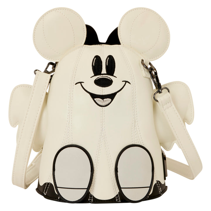 An off-white faux leather crossbody bag shaped like a cartoon mouse character, featuring black embroidered facial details and black trim, shown on a solid white background.