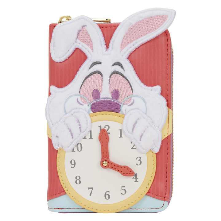 Pink wallet with a cartoon character design featuring a clock face and rabbit ears.