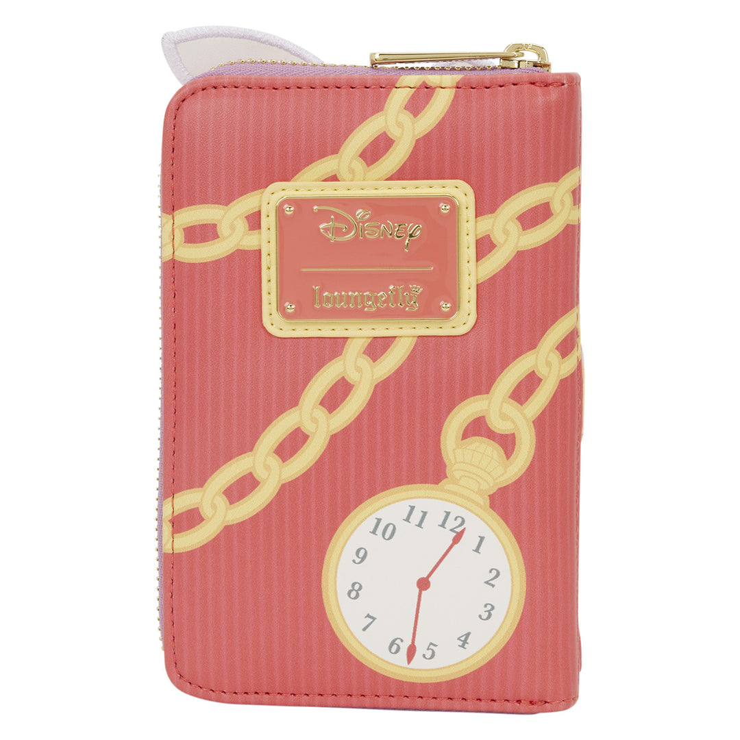 Pink wallet with gold chain design and clock face, featuring a Disney label.