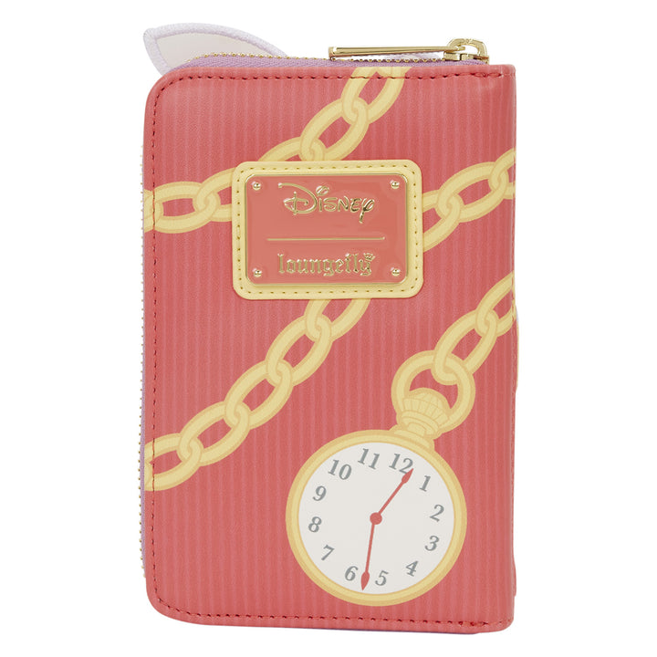 Pink wallet with gold chain design and clock face, featuring a Disney label.
