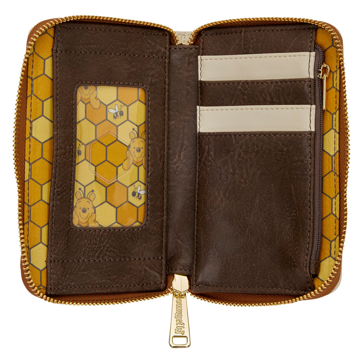 Brown leather wallet with honeycomb and bear design on a white background