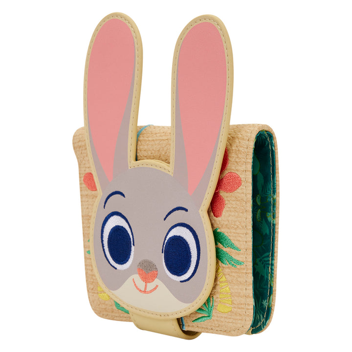 Woven rabbit-shaped bag with cartoon face on a white background