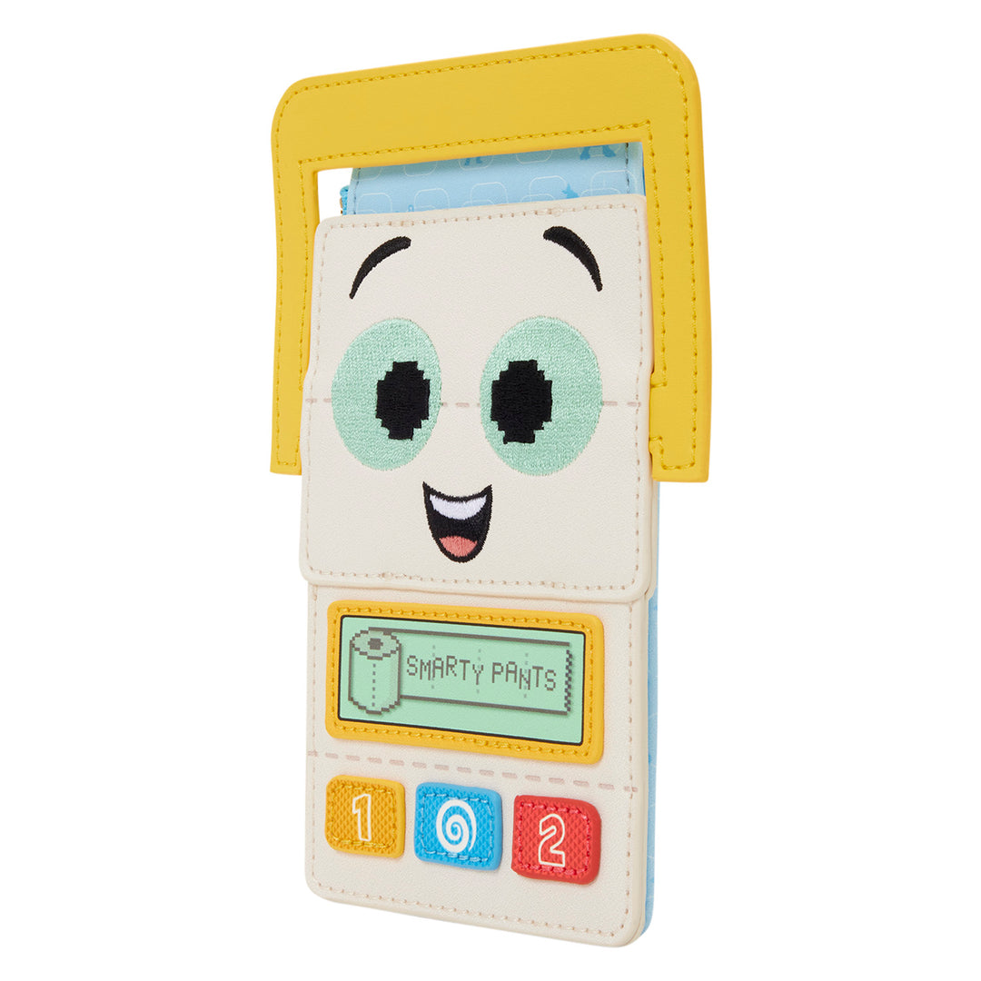  wallet with cartoon character face and digital display on a white background