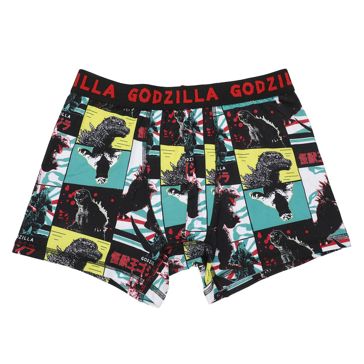Pair of boxer briefs with Godzilla design on a white background